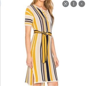 Frame Sweater Knit Dress. Lace Up Bodice. Striped with Gold,Mustard,Brown,Cream